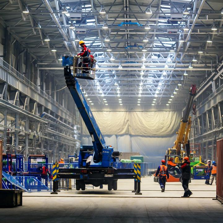 Inside a warehouse under construction